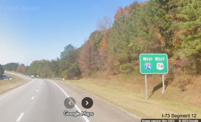 Image of West I-74/US 74 reassurance marker sign after the US 1 exit in
Rockingham, Google Maps Street View, November 2025