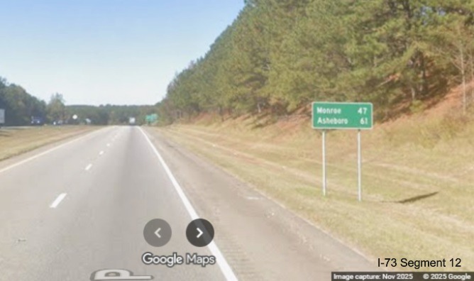 Image of new post-interchange distance sign after the US 1 exit in
Rockingham with Asheboro, a I-73 control city, being used, Google Maps Street View, November 2025
