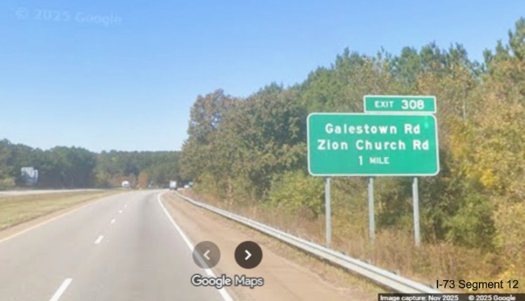 Image of new ground mounted 1 Mile advance sign for Galestown/Zion Church Road
exit on I-74/US 74 West in Rockingham, Google Maps Street View, November 2025