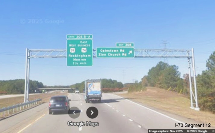 Image of new overhead signage at ramp for Galestown/Zion Church Road
exit on I-74/US 74 West in Rockingham, Google Maps Street View, November 2025