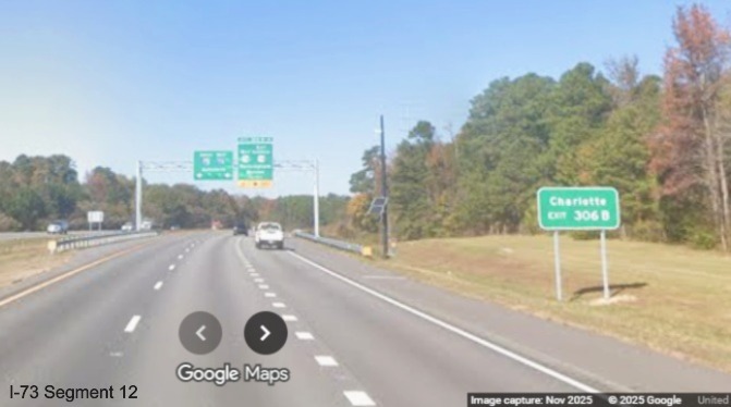 Image of new ground mounted auxiliary sign for Charlotte approaching the
exit for US 74/Business 74 on I-74/US 74 West in Rockingham, Google Maps Street View, November 2025
