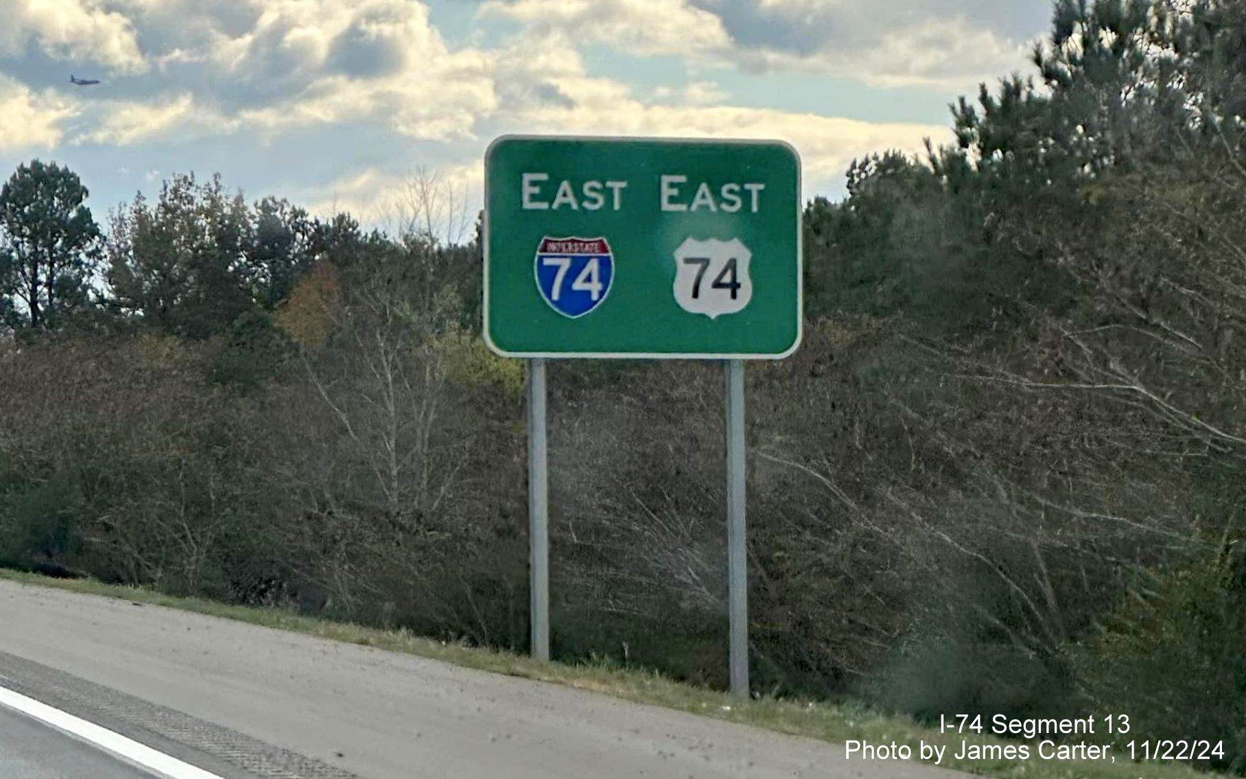 Image of new East I-74/East US 74 reassurance marker sign installed after the yet to open ramp 
        from the Rockingham Bypass, by James Carter, November 2024