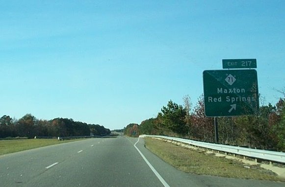 Photo of NC 71 exit sign on Maxton Bypass with wrong exit number in Dec. 
2008