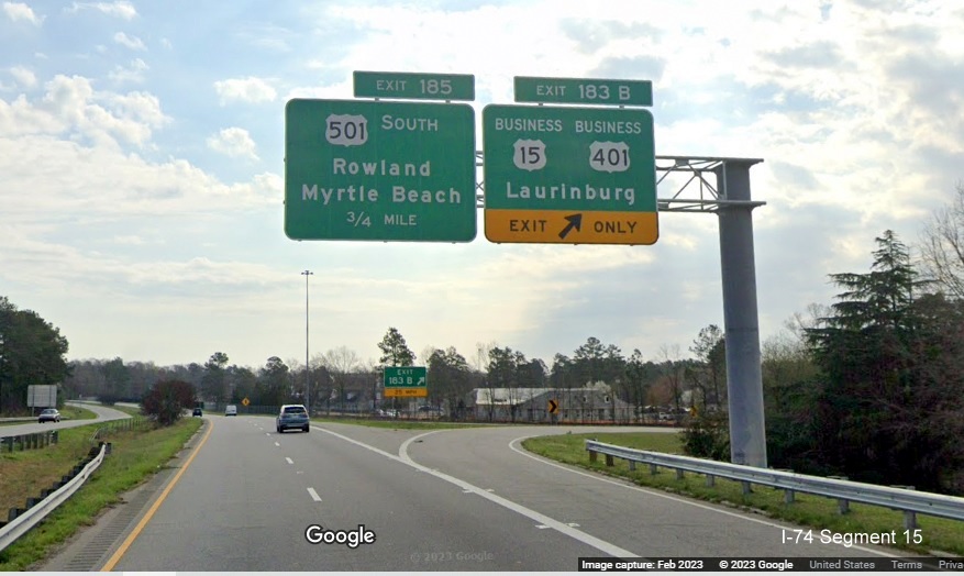Image of new overhead signage at ramp for Business US 15/401 exit on US 74 (Future I-74) East 
        in Laurinburg, Google Maps Street View, February 2023