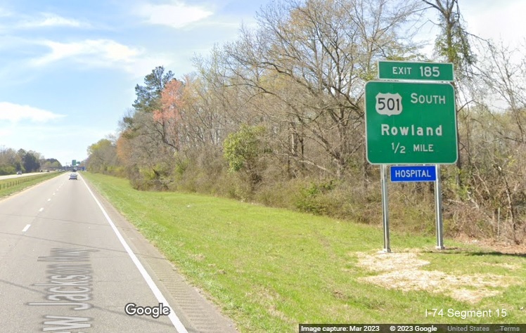 Image of new ground mounted 1/2 mile advance sign for US 501 South exit on US 74 (Future I-74) West 
        in Laurinburg, Google Maps Street View, March 2023