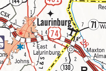 Section of NCDOT 2017-2018 State Transportation Map showing I-74 Segment 15, US 74 Laurinburg Bypass