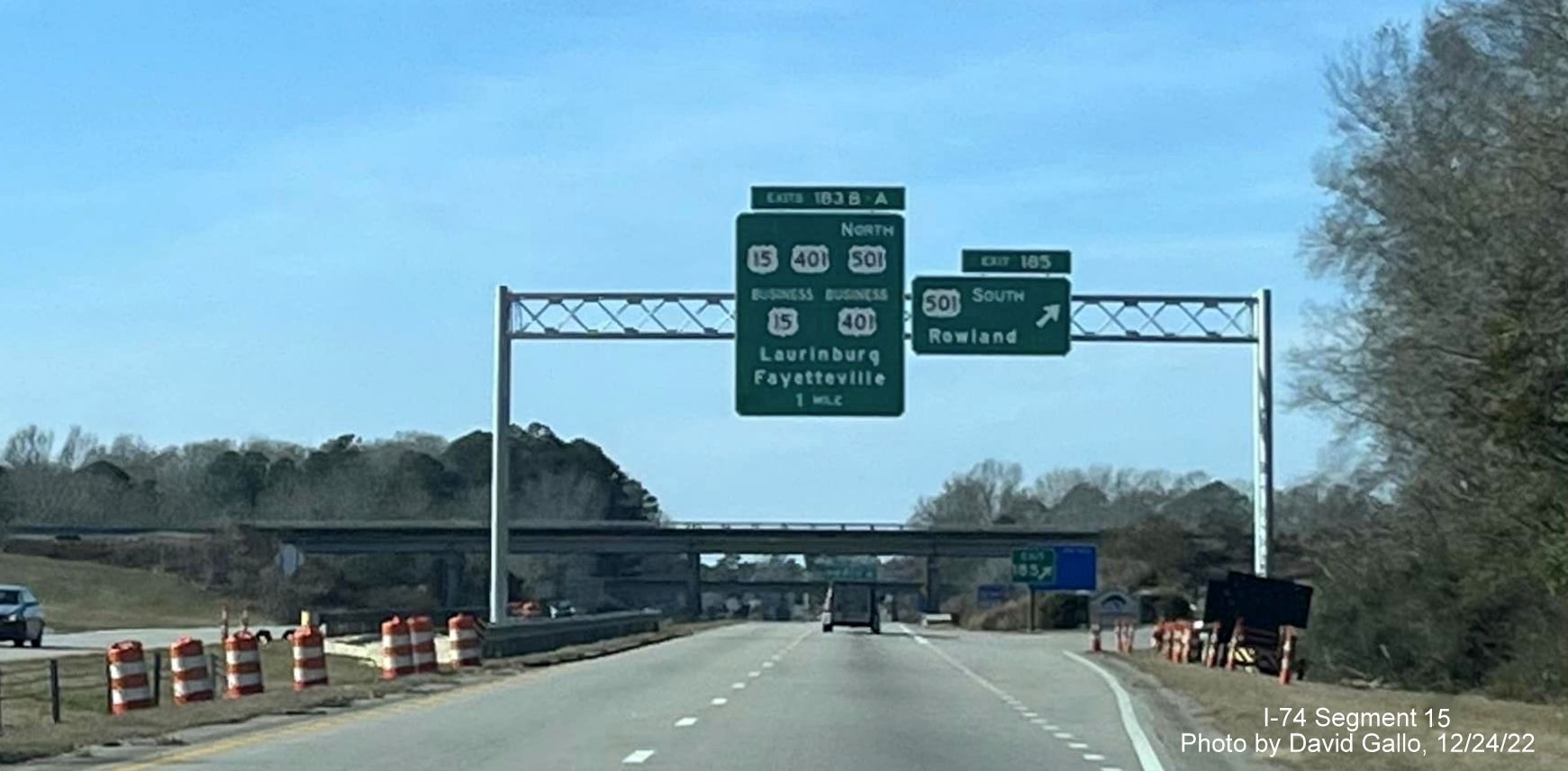 Image of new overhead sign for US 15/US 501 North/US 15 exit on US 74 (Future I-74) West in 
                                                Laurinburg, photo by David Gallo, December 2022