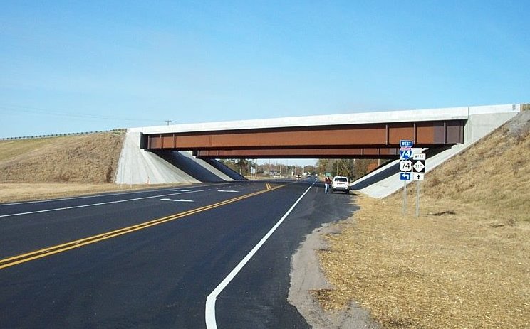 Photo of the bridge and newly opened interchange of I-74/US 74 with NC 
710 near Pembroke, Nov. 2007