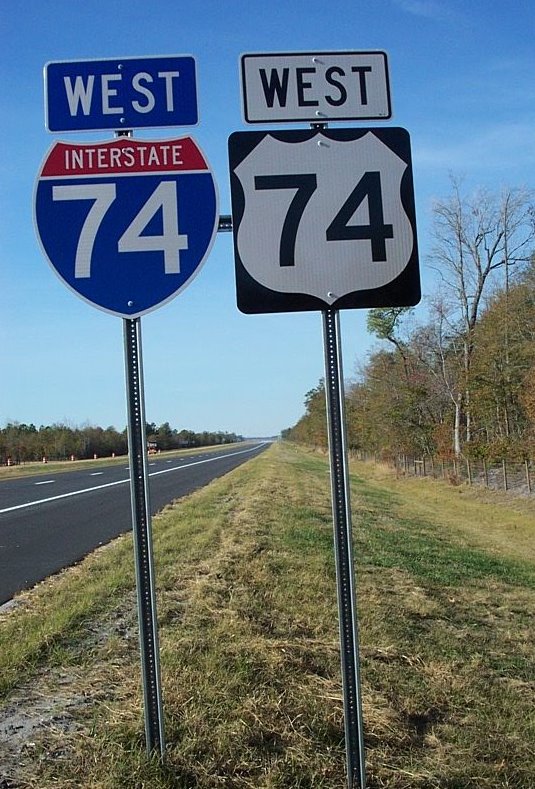 Closeup photo of unique I-74/US 74 sign after NC 710 exit near Pembroke, 
Nov. 2007