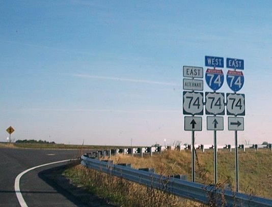Exit signage at the end of Business US 74 at I-74/US 74 at the end of the 
Maxton Bypass in Dec. 2007