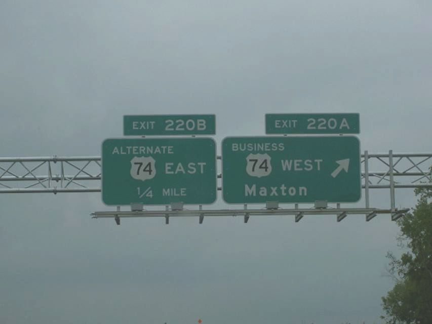 Photo of first exit signs on new stretch of I-74 freeway near Maxton in 
August 2007, courtesy of Nick Hudson