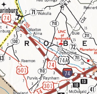 Portion of NCDOT 2017-2018 Transportation Map with I-74 Segment 16 east of Lumberton