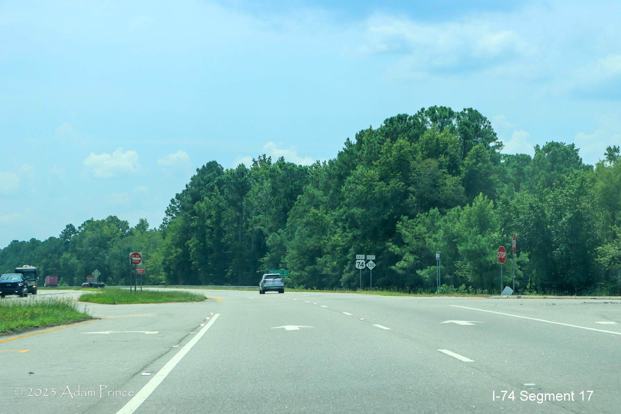 Image approaching the NC 130 intersection on US 74 East in the NC 72/NC 130 interchange construction zone, 
        Adam Prince, July 2023