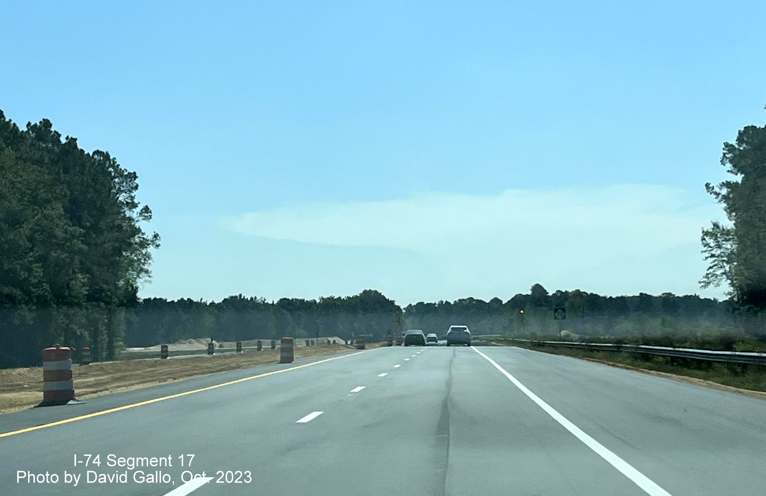 Image approaching now reopened NC 72 intersection on US 74 East near Boardman in interchange 
       construction area, by David Gallo, October 2023