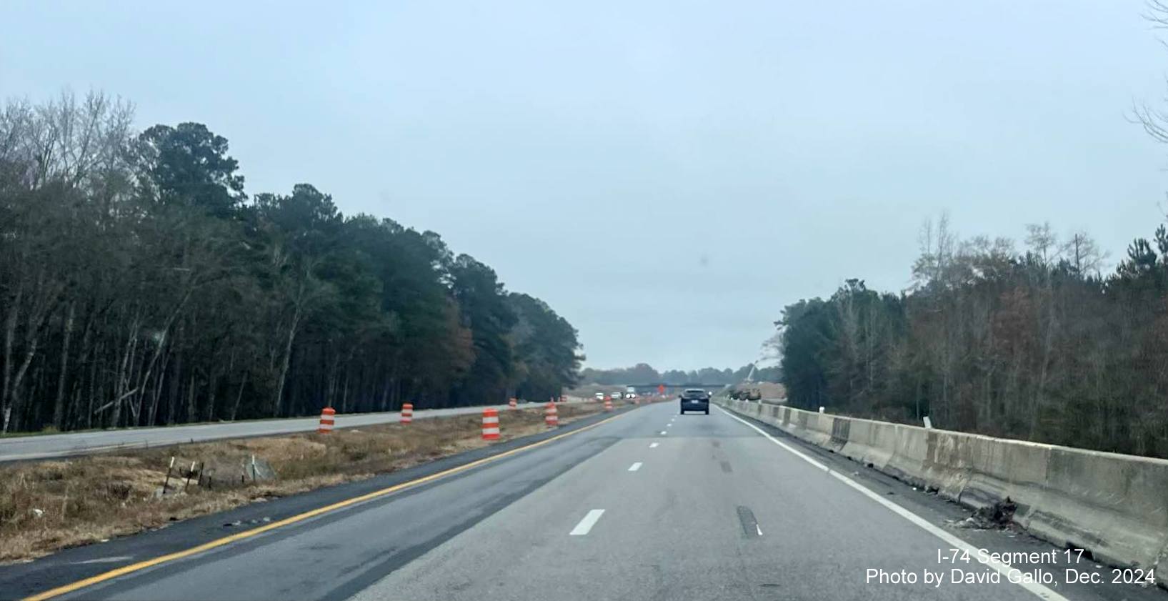 Image approaching future site of NC 72/130 exit from US 74 (Future I-74) East in Robeson County, 
       by David Gallo, December 2024