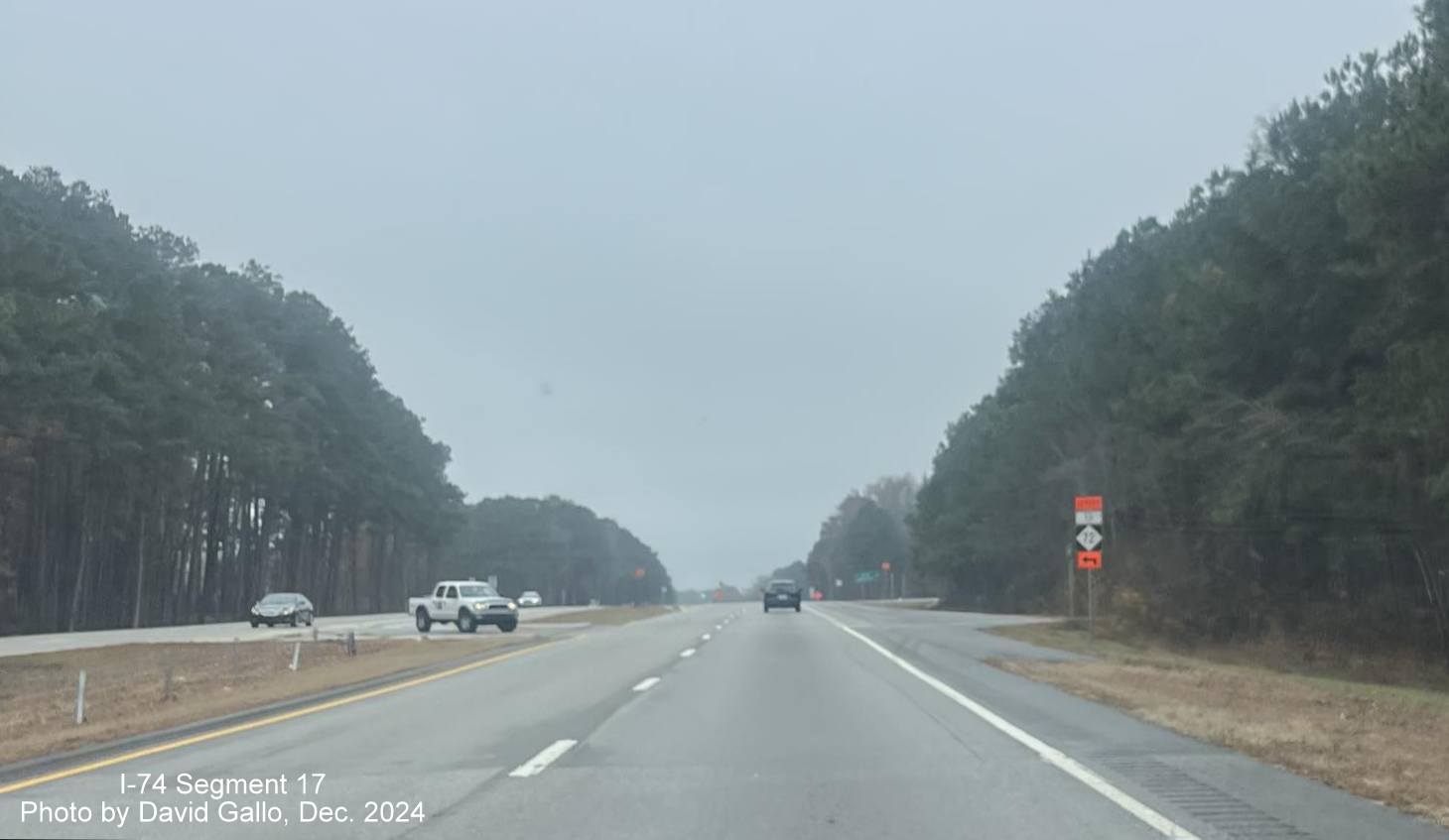 Image of Detour NC 72 sign after future interchange on US 74 (Future I-74) West in Robeson County, 
       by David Gallo, December 2024