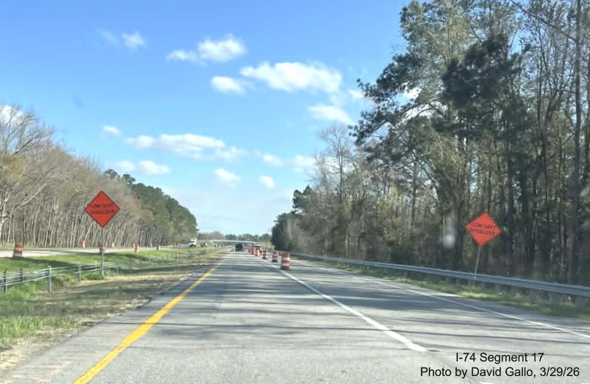 Image approaching future NC 72/ 130 West interchange on US 74 (Future I-74) East in 
	  Robeson County, Google Maps Street View, February 2026