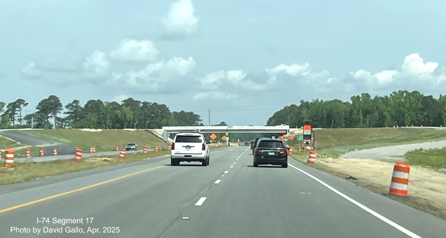Image approaching future NC 72/130 intersection on US 74 (Future I-74) West in 
	  Robeson County, by David Gallo, April 2025