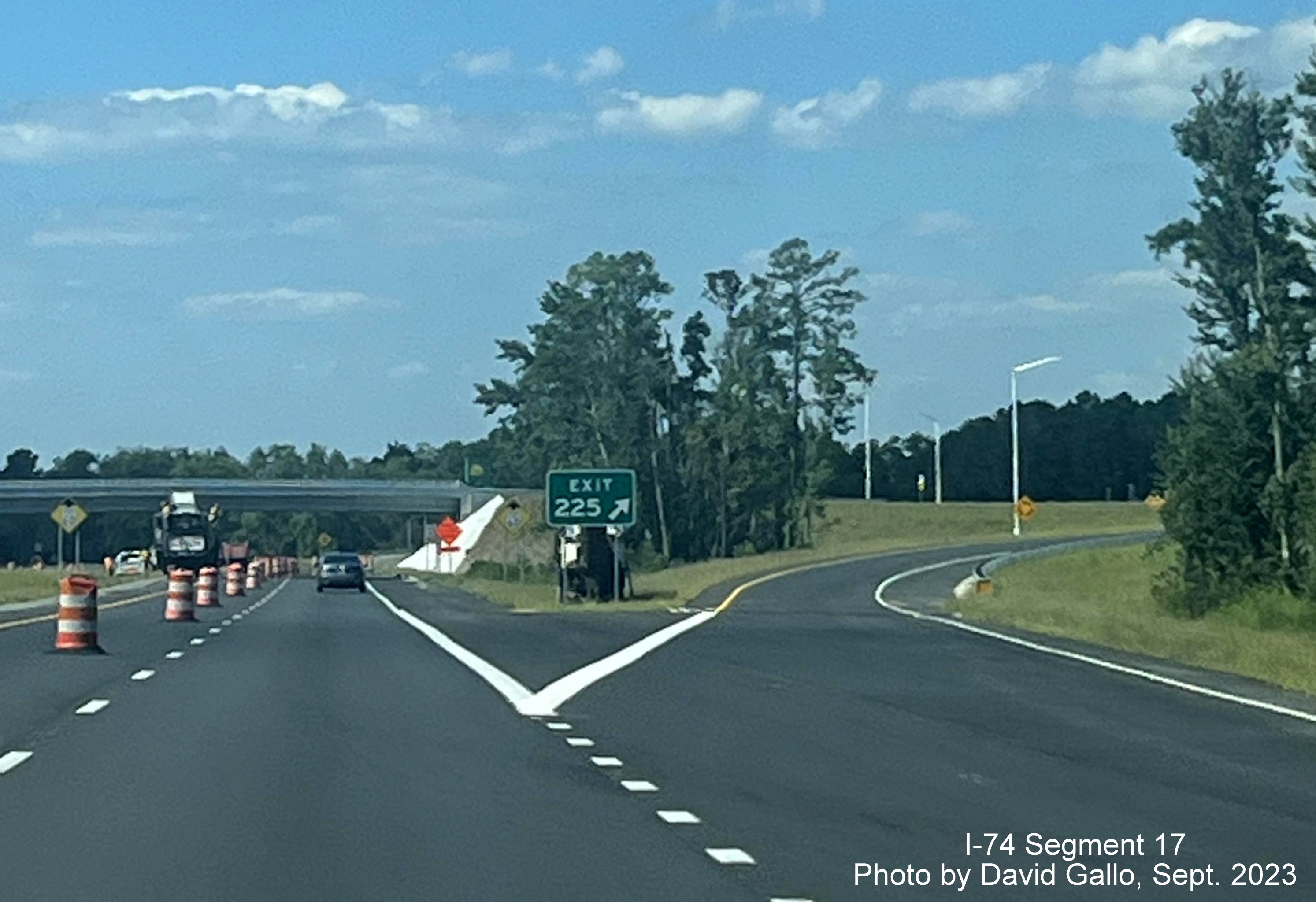 Image approaching newly opened ramp for Boardman exit and new gore sign on US 74/NC 130 (Future I-74) West, 
       David Gallo, September 2023