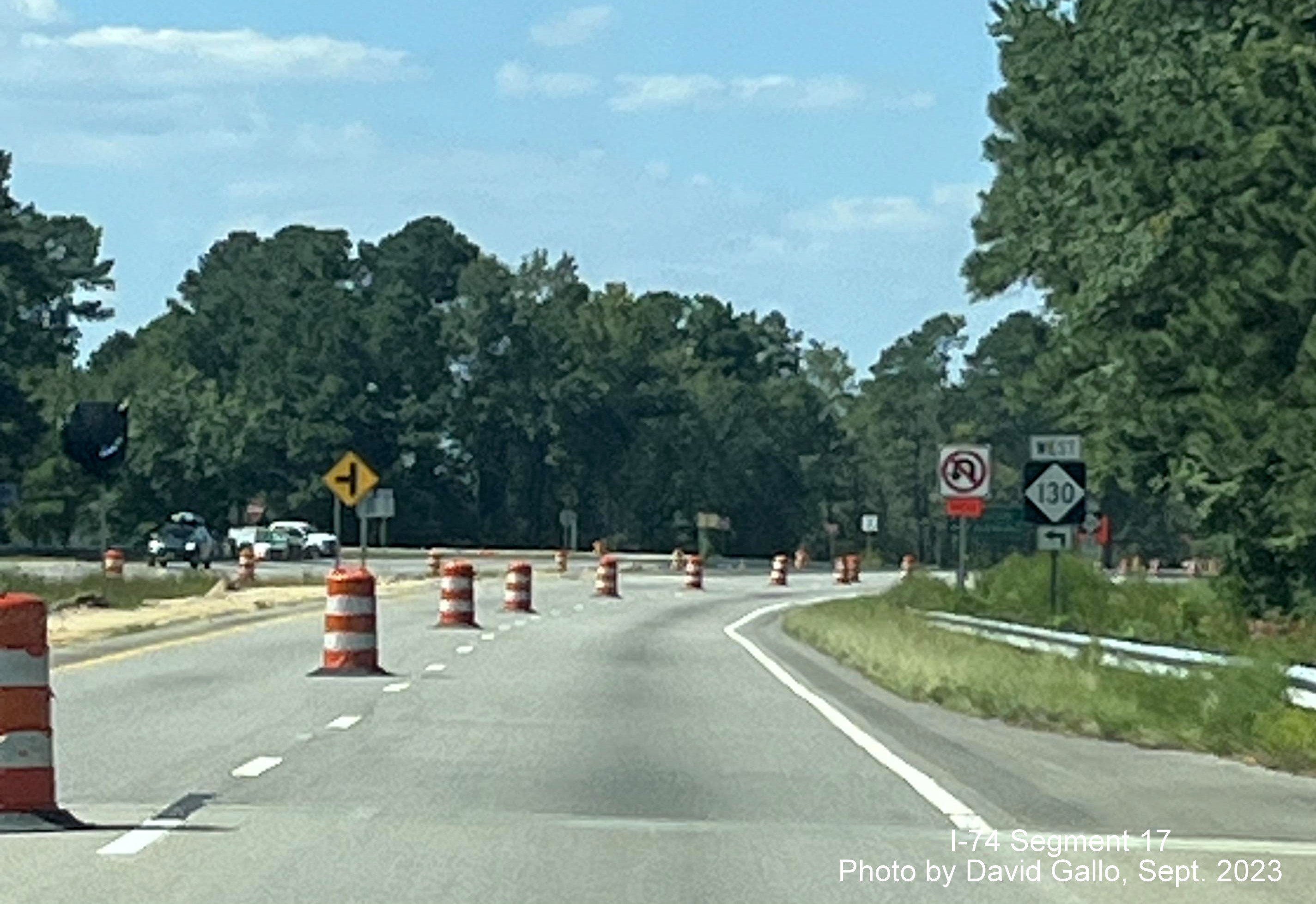 Image of left lane closure at NC 130 West intersection in future interchange work zone on US 74 (Future I-74) West, 
       David Gallo, September 2023
