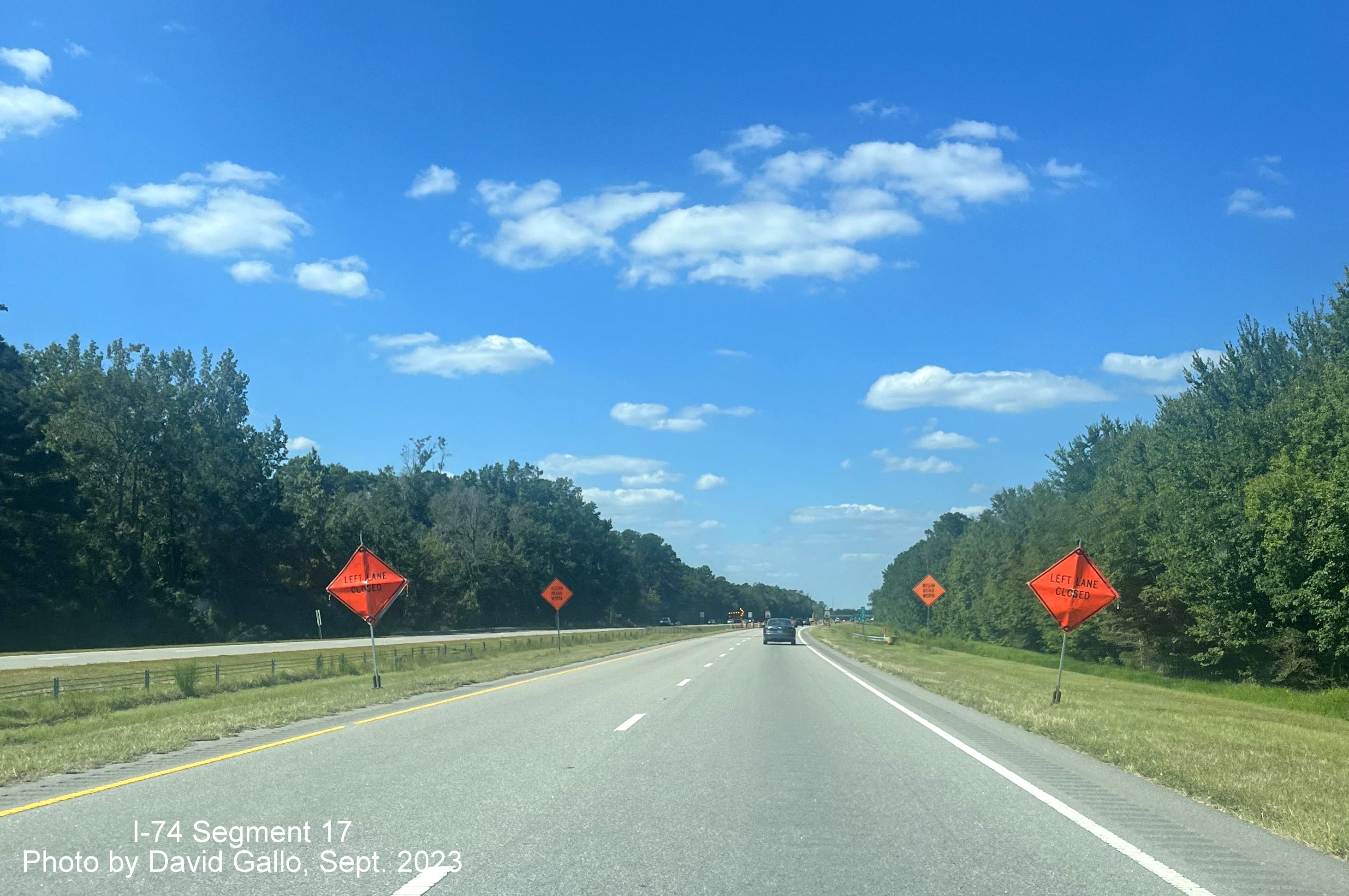 Image approaching lane closure ahead of opened Boardman exit on US 74/NC 130 (Future I-74) West, 
       David Gallo, September 2023