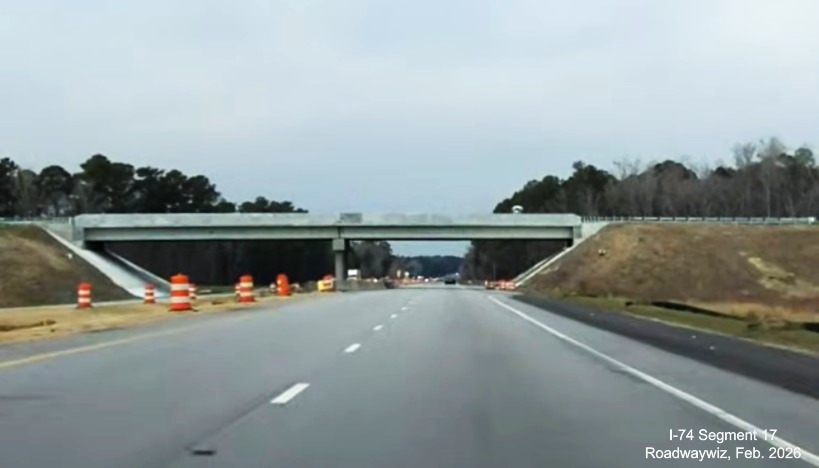 Image approaching future bridge to carry NC 130 West over US 74 (Future I-74) in
Robeson County, Google Maps Street View, February 2026