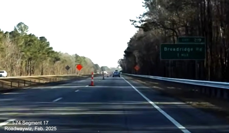 Image approaching Broadridge Road exit in pavement rehabilitation project work 
	  zone on US 74 (Future I-74) East in Robeson County, Google Maps Street View, February 2026