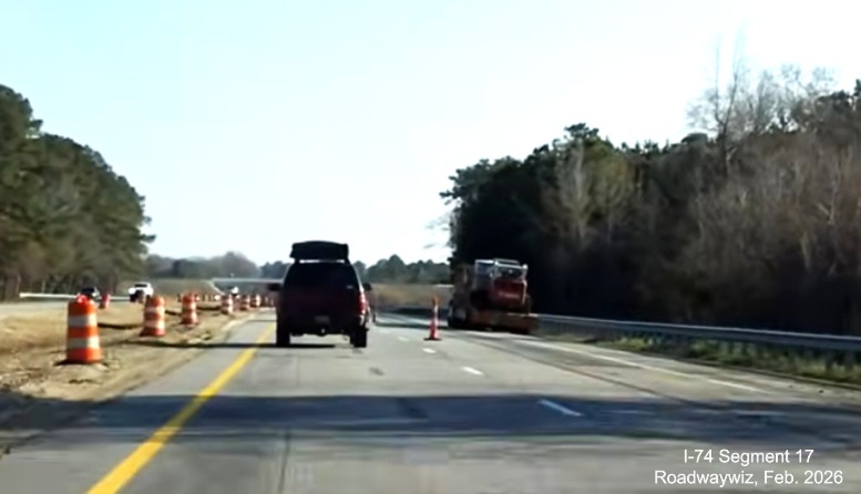 Image approaching future NC 72/130 exit in pavement rehabilitation project work 
	  zone on US 74 (Future I-74) East in Robeson County, Google Maps Street View, February 2026