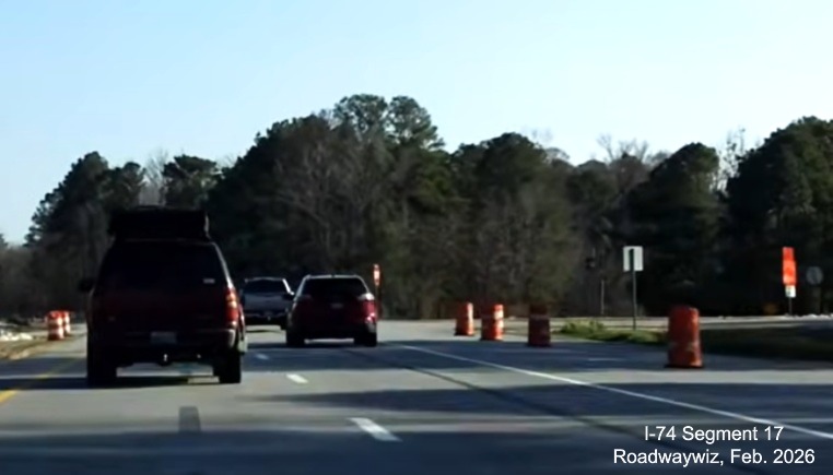 Image approaching current NC 130 West intersection on US 74 (Future I-74) East in 
	  Robeson County, showing missing trailblazers. Google Maps Street View, February 2026