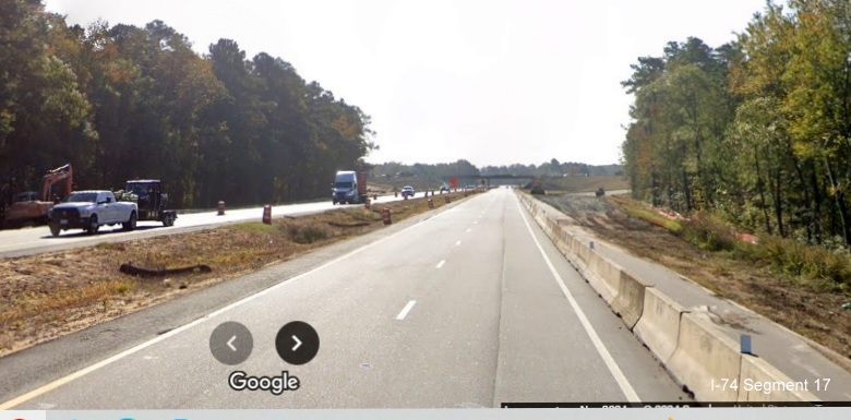 Image approaching site of future exit ramp to NC 72/NC 130 on US 74 (Future I-74) East 
        near Boardman, Google Maps Street View, November 2024