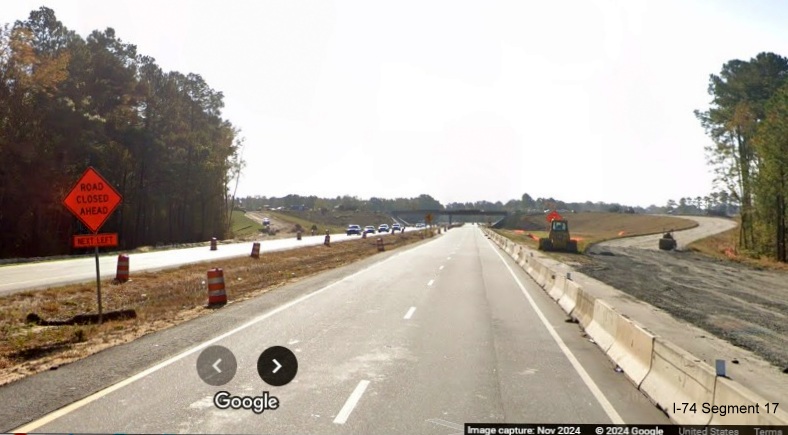 Image of future exit ramp to NC 72/NC 130 on US 74 (Future I-74) East near Boardman, Google 
        Maps Street View, November 2024