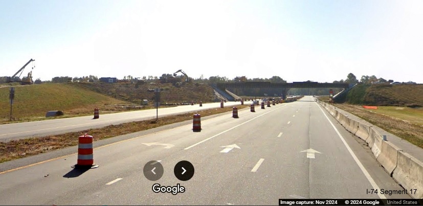 Image approaching future bridge for NC 72/NC 130 over US 74 (Future I-74) East 
        near Boardman, Google Maps Street View, November 2024