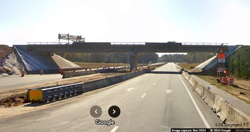 Image approaching future bridge for NC 72/NC 130 over US 74 (Future I-74) East 
        near Boardman, Google Maps Street View, November 2024