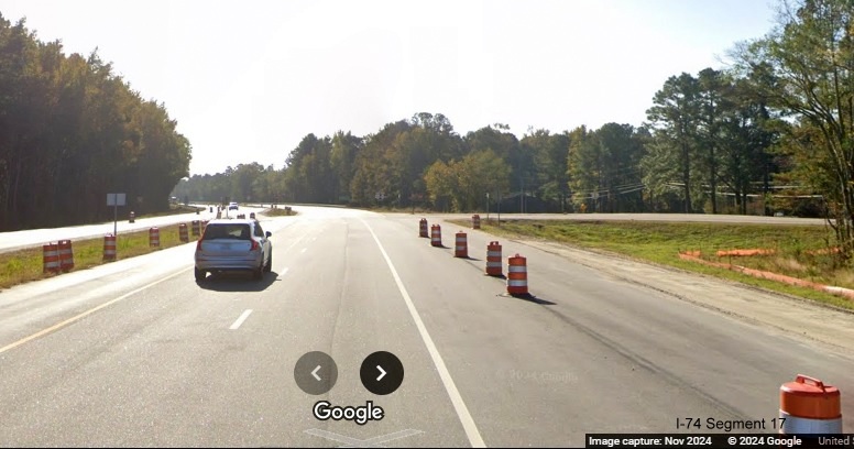 Image approaching current NC 130 intersection on US 74 (Future I-74) East 
        near Boardman, Google Maps Street View, November 2024