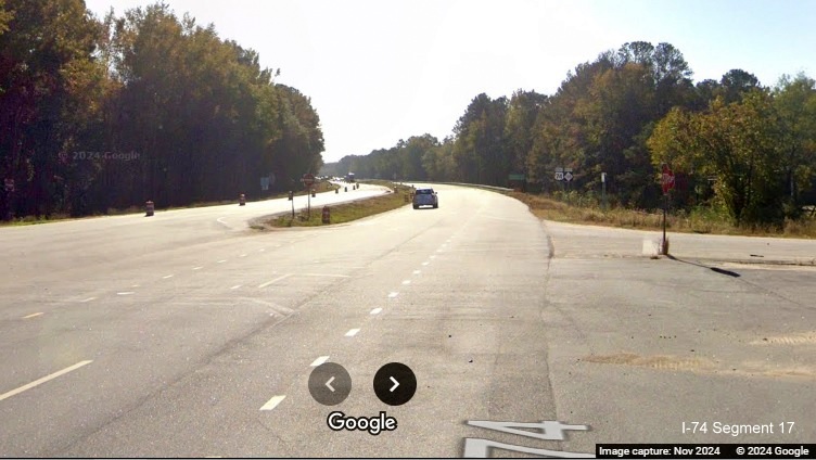 Image of end of construction for future NC 72/130 exit on US 74 (Future I-74) East 
        near Boardman, Google Maps Street View, November 2024