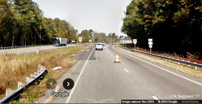 Image approaching current NC 130 West intersection on US 74 (Future I-74) West 
        near Boardman, Google Maps Street View, November 2024