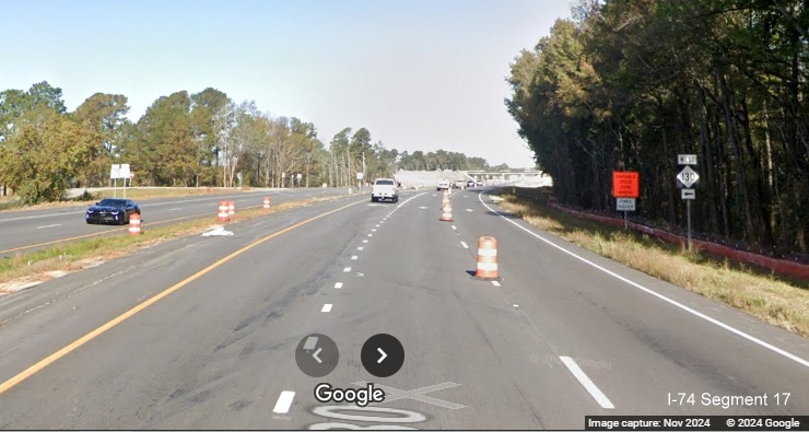 Image of construction from current NC 130 West intersection on US 74 (Future I-74) West 
        near Boardman, Google Maps Street View, November 2024