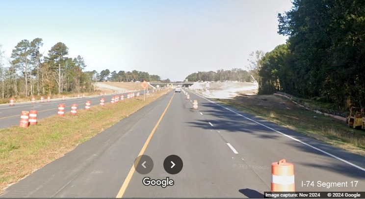 Image approaching future ramp to NC 72/ 130 West exit on US 74 (Future I-74) West 
        near Boardman, Google Maps Street View, November 2024