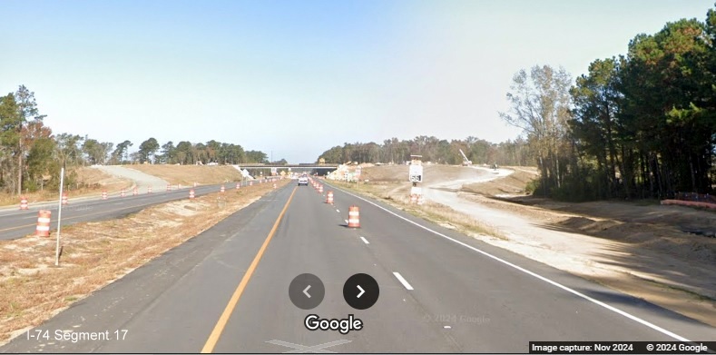 Image at future NC 72/130 West ramp on US 74 (Future I-74) West 
        near Boardman, Google Maps Street View, November 2024