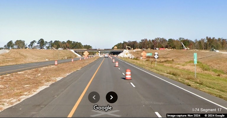 Image approaching future NC 130 West bridge over US 74 (Future I-74) West 
        near Boardman, Google Maps Street View, November 2024