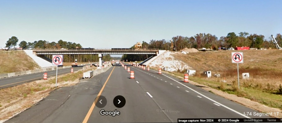 Image of the future NC 72/130 bridge over US 74 (Future I-74) West 
        near Boardman, Google Maps Street View, November 2024