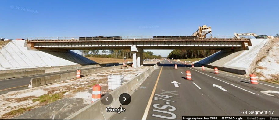 Image of the NC 72/130 bridge under construction on US 74 (Future I-74) West 
        near Boardman, Google Maps Street View, November 2024