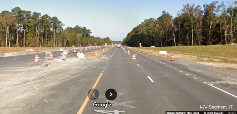 Image of the future on-ramp from NC 72/130 exit on US 74 (Future I-74) West 
        near Boardman, Google Maps Street View, November 2024