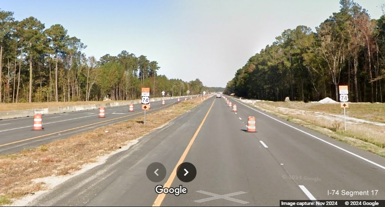 Image of future ramp from the NC 72/130 exit onto US 74 (Future I-74) West 
        near Boardman, Google Maps Street View, November 2024