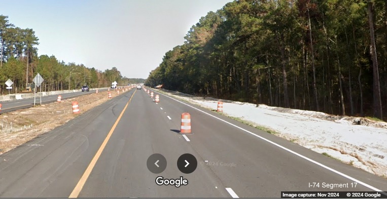 Image approaching end of widening construction for the future ramp from the NC 72/130
        exit on US 74 (Future I-74) West near Boardman, Google Maps Street View, November 2024