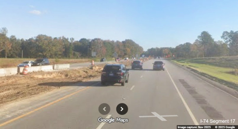 Image approaching future NC 130 interchange bridge on US 74 (Future I-74) East in 
	  Robeson County, Google Maps Street View, November 2025