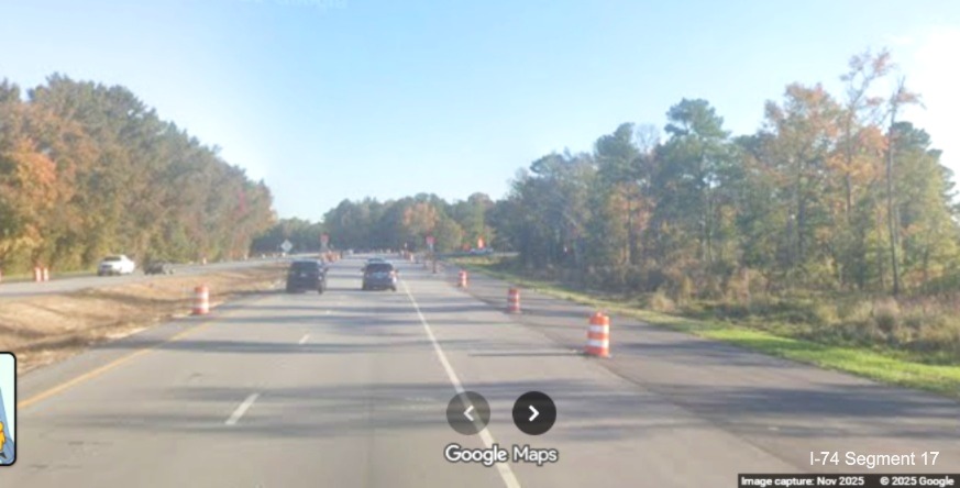 Image approaching current West NC 130 intersection on US 74 (Future 
	  I-74) East in Robeson County, Google Maps Street View, November 2025