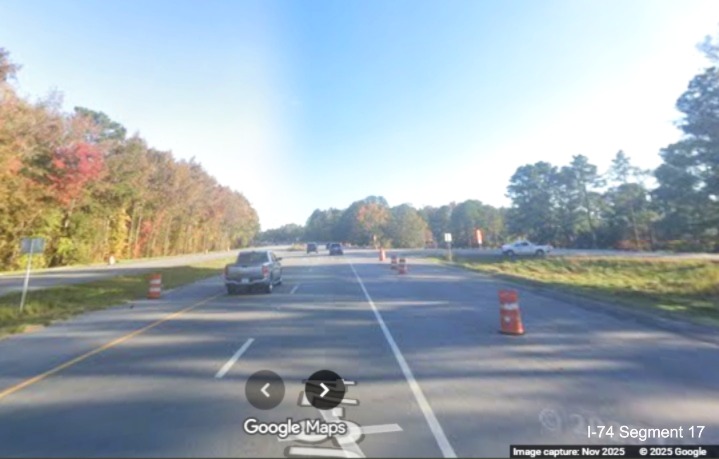 Image approaching current NC 130 West intersection on US 74 (Future 
	  I-74) East in Robeson County, Google Maps Street View, November 2025