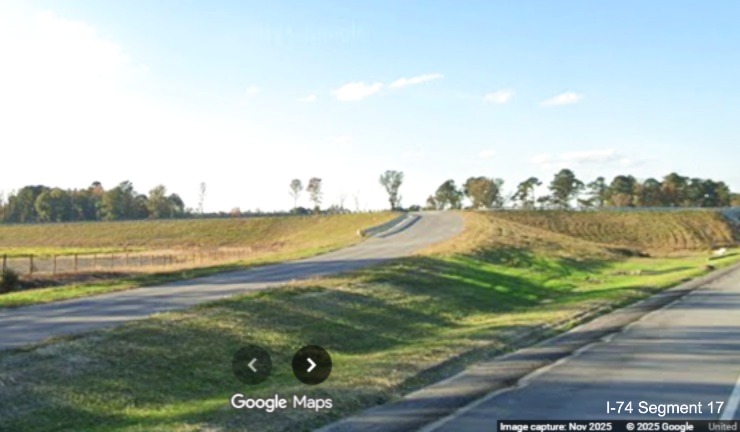 Image looking back towards future off-ramp from NC 71/130 interchange to US 74 
	  (Future I-74) East in Robeson County, Google Maps Street View, November 2025