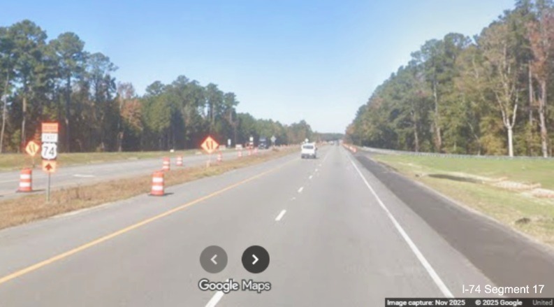 Image of shoulder widening prior to on-ramp from NC 71/130 West to US 74 
	  (Future I-74) West in Robeson County, Google Maps Street View, November 2025